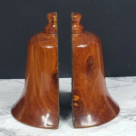 Handmade Wood Bell Bookend Set Vintage - Picture 1 of 9